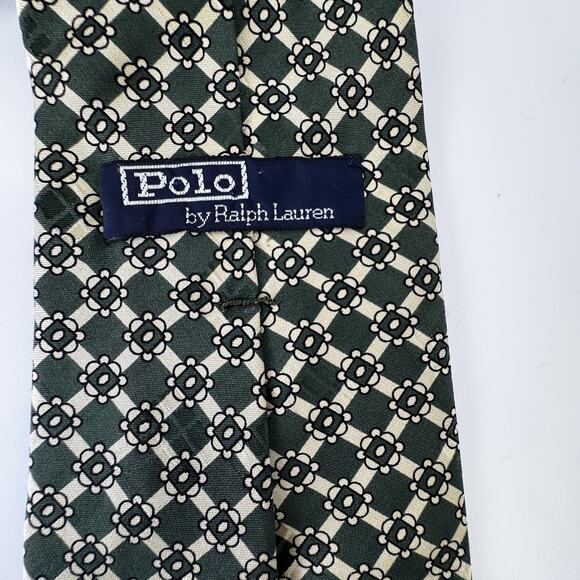 POLO RALPH LAUREN GREEN GEOMETRIC PATTERNED SILK MENS TIE PREPPY 3.75 in x 55in - Picture 1 of 2